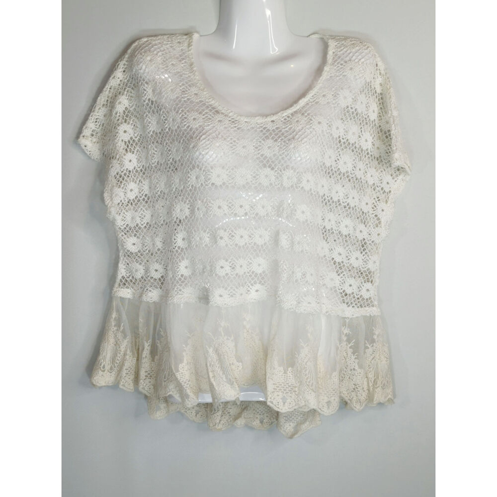 Vintage‎ Women's Havana Cream Floral Lace Sheer Top MED Cottage Core Prairie